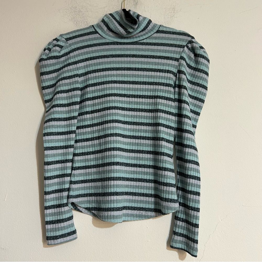 Anthropologie Maeve Striped Puff Sleeve Turtleneck Sweater Small Blue